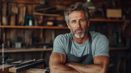A skilled craftsman exuding confidence and warmth as he stands in his workshop, surrounded by tools, embodying the dedication of artisanship and craftsmanship in his work.