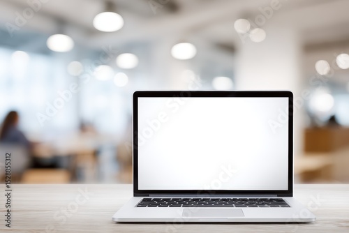Laptop mock up with blank screen placed on wooden table in modern workspace, featuring blurred background of office environment with soft lighting and minimalistic design elements for creative use