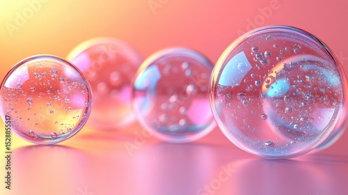 Luminous glass orbs with abstract light ethereal bubbles shimmering on soft gradient background macro shot
