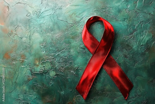 red ribbon on a light green background, a symbol of cancer awareness and support for people living with cancer. Biological Killer, all screen resolutions, high definition, super detailed