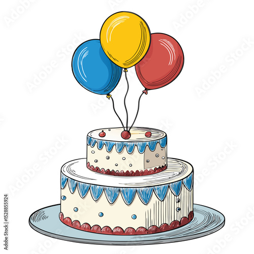 A delicious fondant-covered birthday cake, adorned with vibrant colorful ball decorations.  Close-up shot showcasing texture and detail.