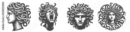 Vintage Hand-Drawn Medusa Scream Collection Illustration, Mythology Engraved Style Vector for T-Shirts and Horror Themes Design