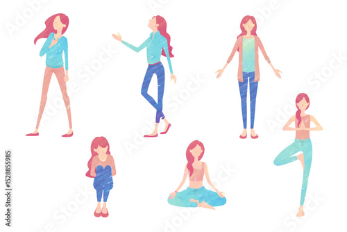 Illustration of women with positive and healthy mind and body. Hand-drawn illustrations in watercolor.