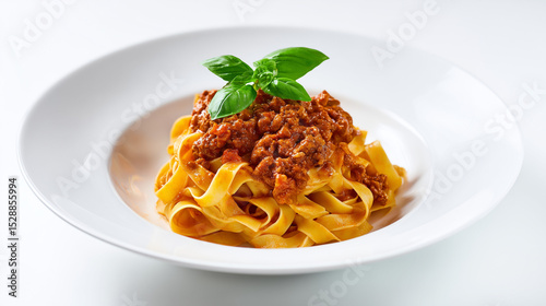Lateral view of a plate of tagliatelle with ragù