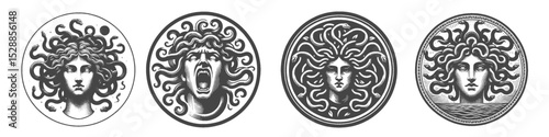 Vintage Hand-Drawn Medusa Scream Collection Illustration, Mythology Engraved Style Vector for T-Shirts and Horror Themes Design