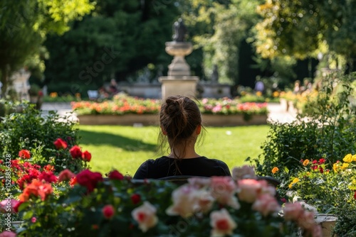 Attractive girl enjoys a peaceful moment in the beautiful garden at Rodin Museum in Paris, Attractive girl in the garden of the Rodin Museum in Paris