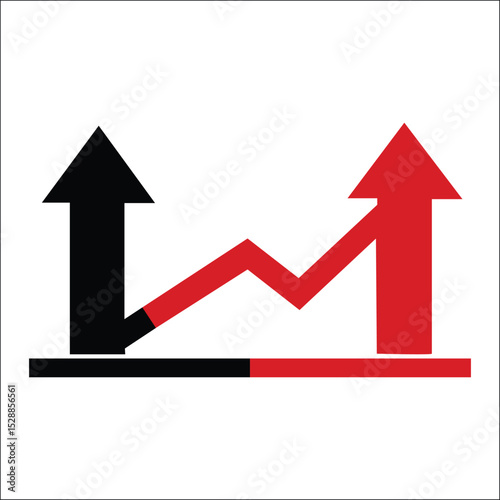 Growth arrow with a volatile trend line icon. Vector graph representing financial market success, rising stocks, or profit despite economic fluctuation and risk.

