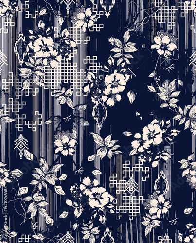 seamless gentle vector paisley print with ethnic paisley and flowers pattern, allover composition. Detailed beautiful paisleys with floral motives in black and white.