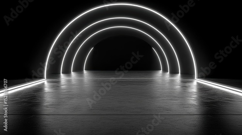 Dramatic modern abstract corridor with glowing neon curves in minimalist black and white tones creating dynamic reflections