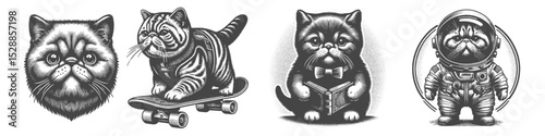 Vintage Hand-Drawn Exotic Shorthair Cat Collection Illustration, Space and Street Style Engraved Vector for T-Shirts and Pop Culture Themes Design