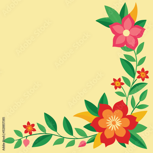 Corner floral design with red and pink flowers and leaves