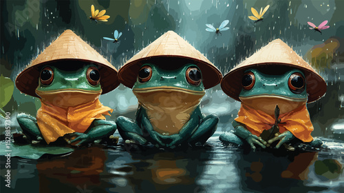  Cartoon Frogs Under Rainfall with Lotus Flowers