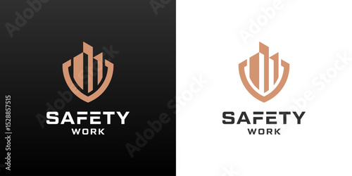Shield and building logos. Safety worker icon for construction services.