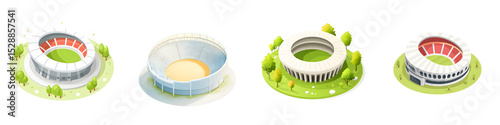 Isometric view of modern sports stadiums and arenas