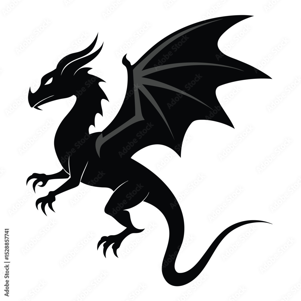 Obraz premium Silhouette of a black dragon with wings on a white background