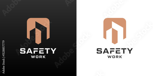 Shield and building logos. Safety worker icon for construction services.
