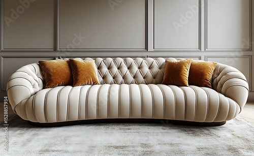 Beige tufted sofa mockup with orange cushions and paneled wall

 photo