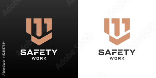 Shield and building logos. Safety worker icon for construction services.