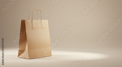 Empty kraft paper shopping bag on a beige background with copy space