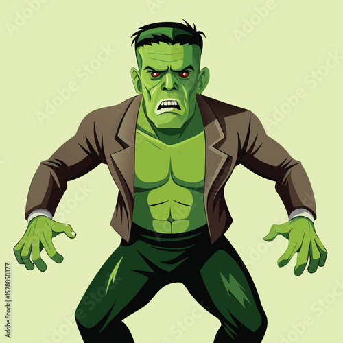 Cartoon frankenstein monster with brown jacket and green skin