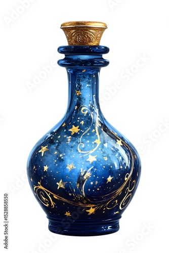 Ornate blue glass bottle with gold stars and swirls against a white background