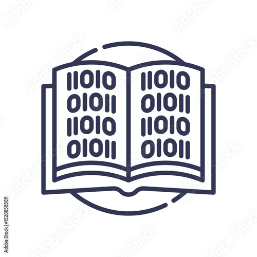 Open book with binary code symbolizes digital knowledge exchange.
