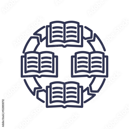 Circular arrangement of open books symbolizing structured information sharing.