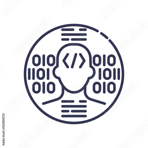 Human silhouette with code and binary, symbolizing AI integration.