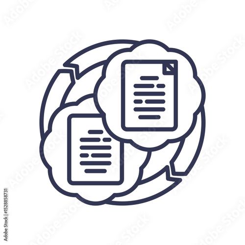Two documents in clouds with arrows symbolize data exchange and contextual matching.