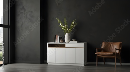White Console Cabinet Contemporary Modern Foyer Living Room Blank Empty Dark Wall. generative.ai