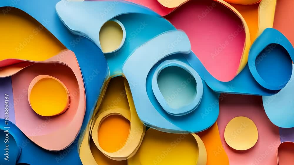 Abstract shapes cut from vibrant-colored paper layers