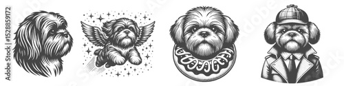 Vintage Hand-Drawn Shih Tzu Dog Detective and Angel Collection Illustration, Character Animal Engraved Style Vector for T-Shirts and Fantasy Mystery Themes Design
