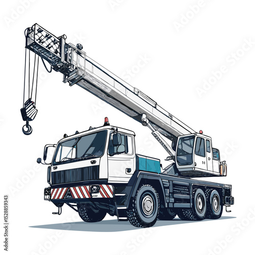 A mobile crane with its telescopic arm fully extended, operating on the Italian island of Isola.  Show detailed machinery and the island landscape.