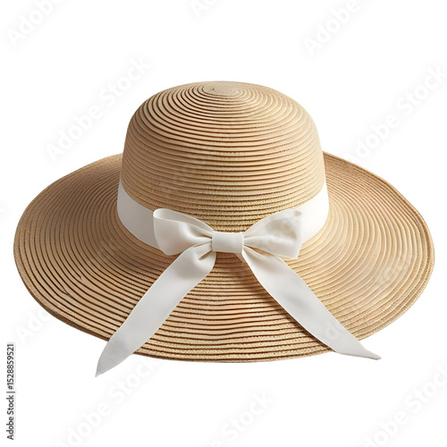 Summer Style Elegant Beige Straw Hat with Bow isolated on transparent background Generative AI. photo
