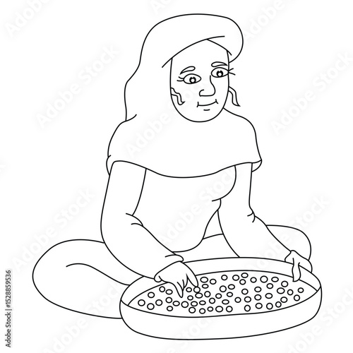 Cute cartoon hand drawn vector women cleaning grains outline.