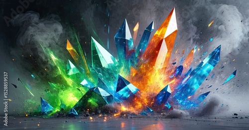 Vibrant crystal explosion. Colorful shards radiate outward, creating dynamic energy. Dramatic lighting emphasizes texture, impact.