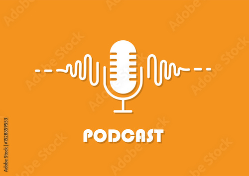 Flat white podcast microphone with dynamic soundwaves on orange background. Audio streaming concept