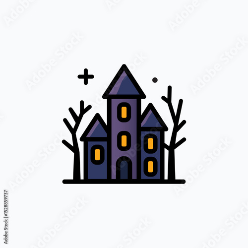 Haunted house with lit windows icon. Suitable for Halloween themed designs, spooky party invitations, haunted house tours advertising, and horror themed content.