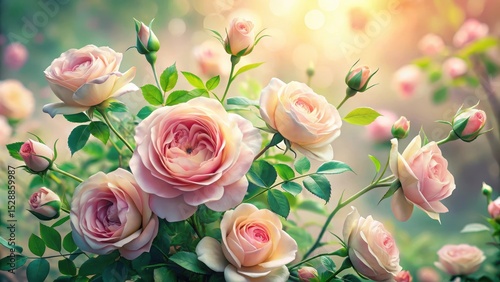 A Delicate Cluster of Blush-Colored Roses in Full Bloom, Basking in the Warm Glow of Sunlight, Their Petals Unfurling Gracefully in a Serene Garden Setting