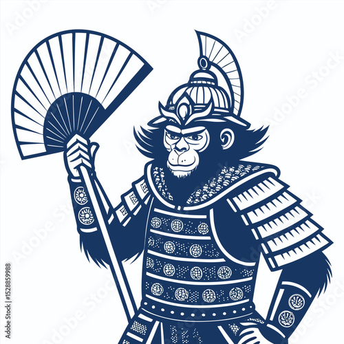 Illustrate Sun Wukong, the Monkey King, in isolation, wearing ornate traditional Chinese armor and wielding a stylish folding fan.  Focus on detailed armor and expressive facial features.