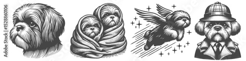 Vintage Hand-Drawn Shih Tzu Dog with Blanket and Detective Outfit Collection Illustration, Pets Character Engraved Style Vector for T-Shirts and Cozy Mystery Themes Design