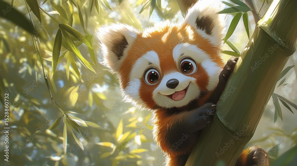 Obraz premium Cute Red Panda Smiling in Bamboo Forest with Sunlight Rays