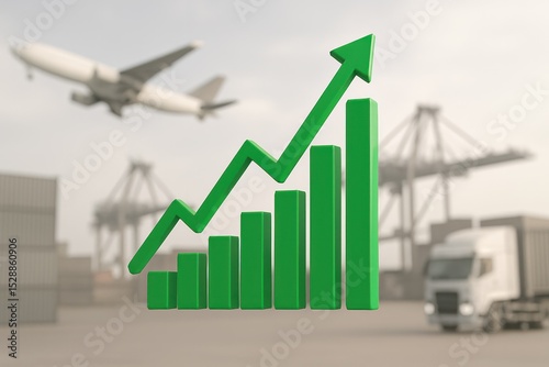 Business Growth and Logistics Industry Concept with Airplane and Cargo Truck in the Background and Increasing Green Graph Chart Overlay