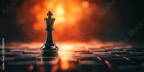 Unlocking Potential Through Power and Authority, A solitary black chess king piece stands out against a blurred orange and red background, symbolizing strategy and power.