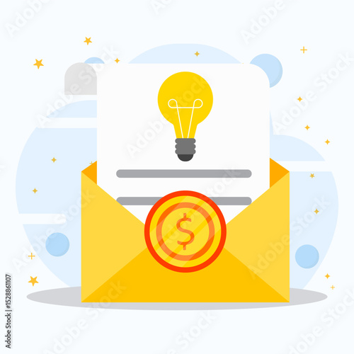 An opened yellow envelope containing an electricity bill document with dollar coins. Monthly expenses concept.