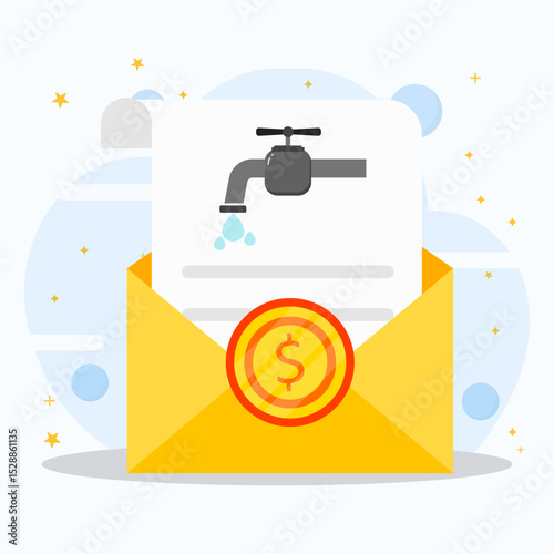 An opened yellow envelope containing an water usage bill document with dollar coins. Monthly expenses concept.