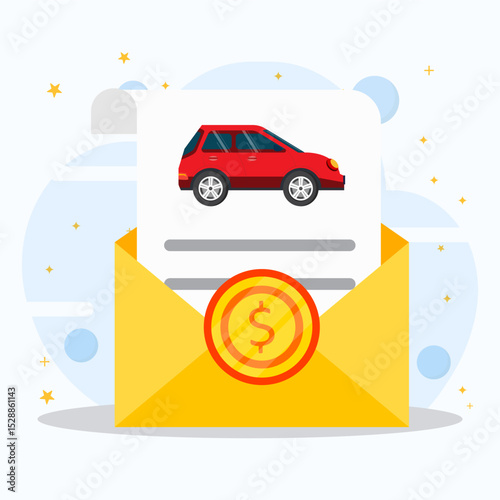 An opened yellow envelope containing an vehicle bill document with dollar coins. Monthly expenses concept.