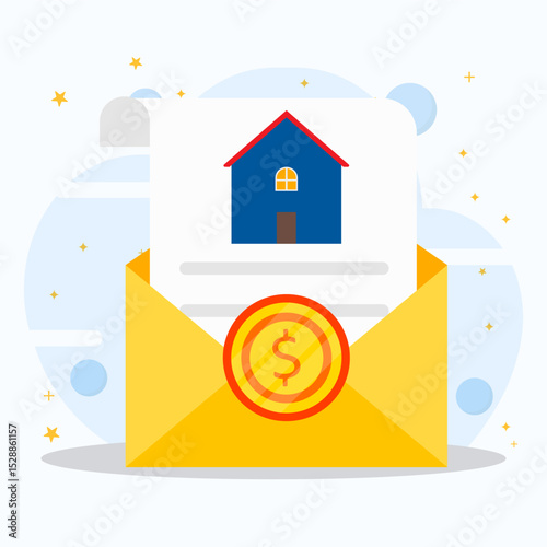 An opened yellow envelope containing an home bill document with dollar coins. Monthly expenses concept.