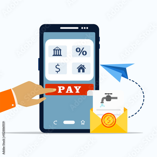 Online payment to paying water usage billing. Click pay button on smartphone screen with envelopes containing water usage bill.
