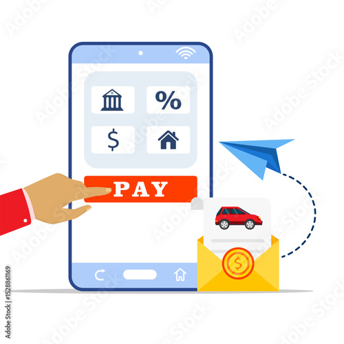 Online payment to paying vehicle billing. Click pay button on smartphone screen with envelopes containing vehicle bill.